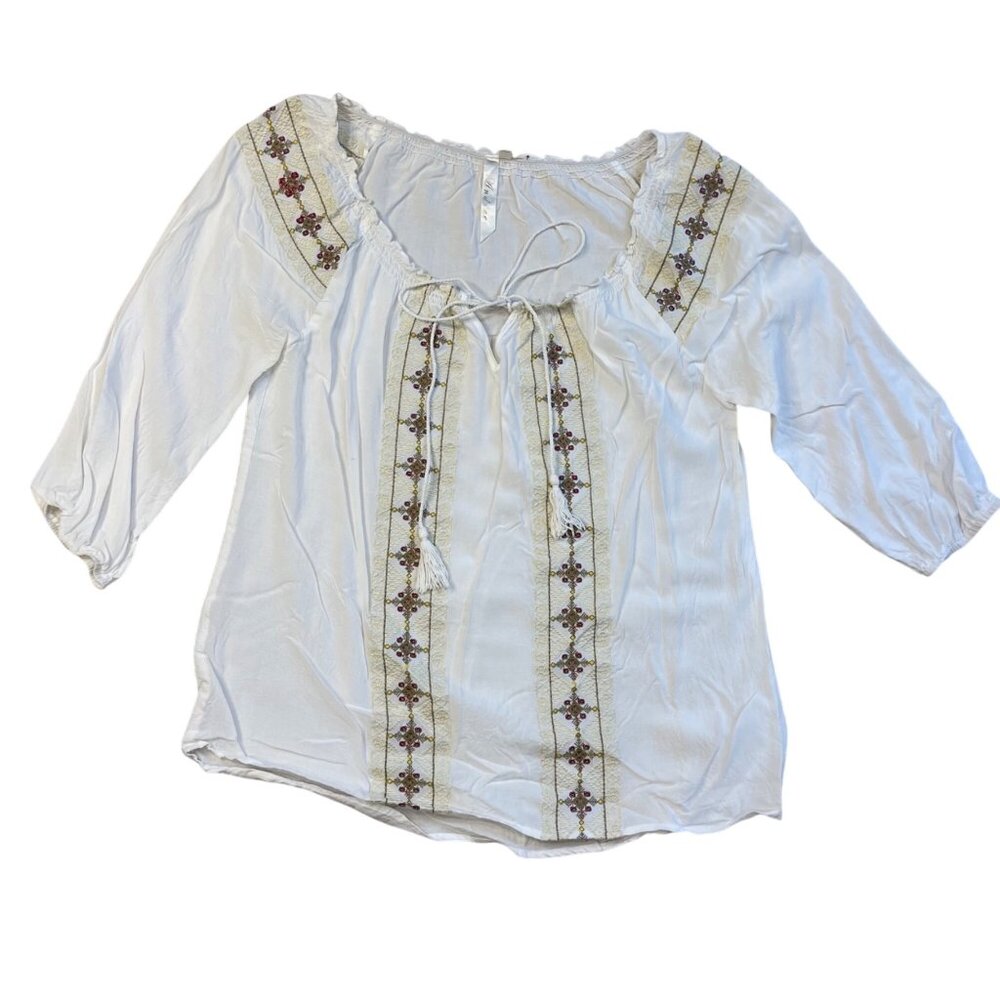 Andrée Embroidered Peasant‎ Top Women's Size Medium Rayon Bohemian Semi Sheer